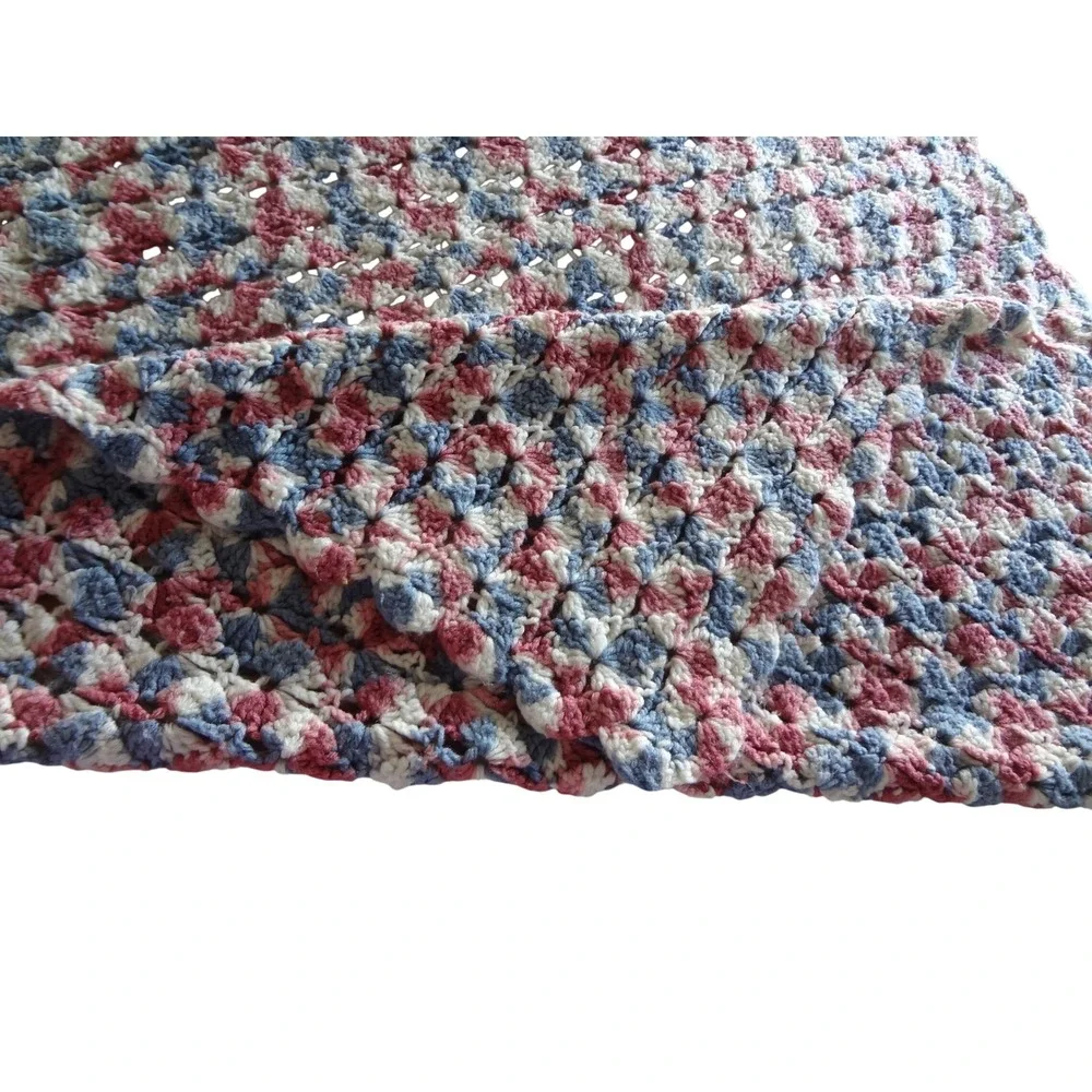 Crochet Blanket / Throw Pink Blue White Granny Stitch Boho